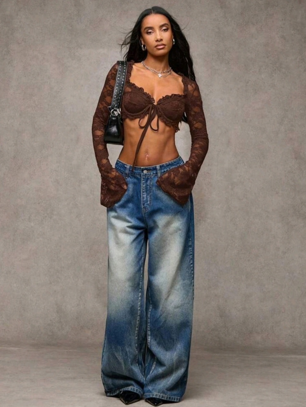 SHEIN Brown Lace Tie-Front Long Sleeve Crop Top - Picture 5 of 5